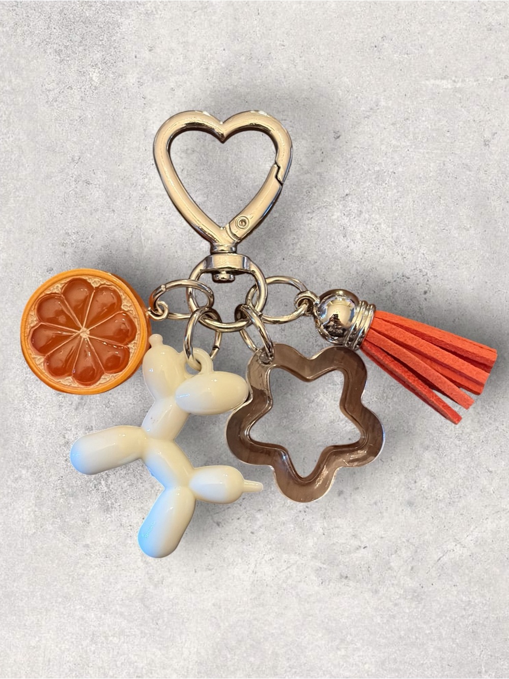 Heart Clip Keychain with Orange Slice, White Balloon Dog & Red Tassel